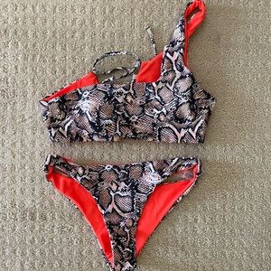 Shein snakeskin/ orange reversible bikini set